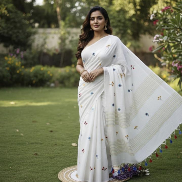 White Mul cotton saree with multicolour flower embroidery work