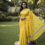 Yellow Mul Cotton saree with single Flower embroidery