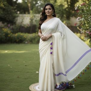 White plain saree with purple zari border