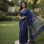 Navy blue plain saree with half zari lines